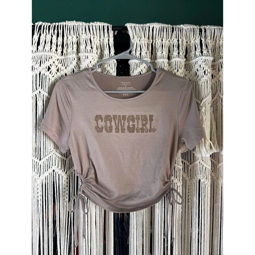 Homegirl Society Rhinestone Cowgirl Ruched Crop Top – Size Medium